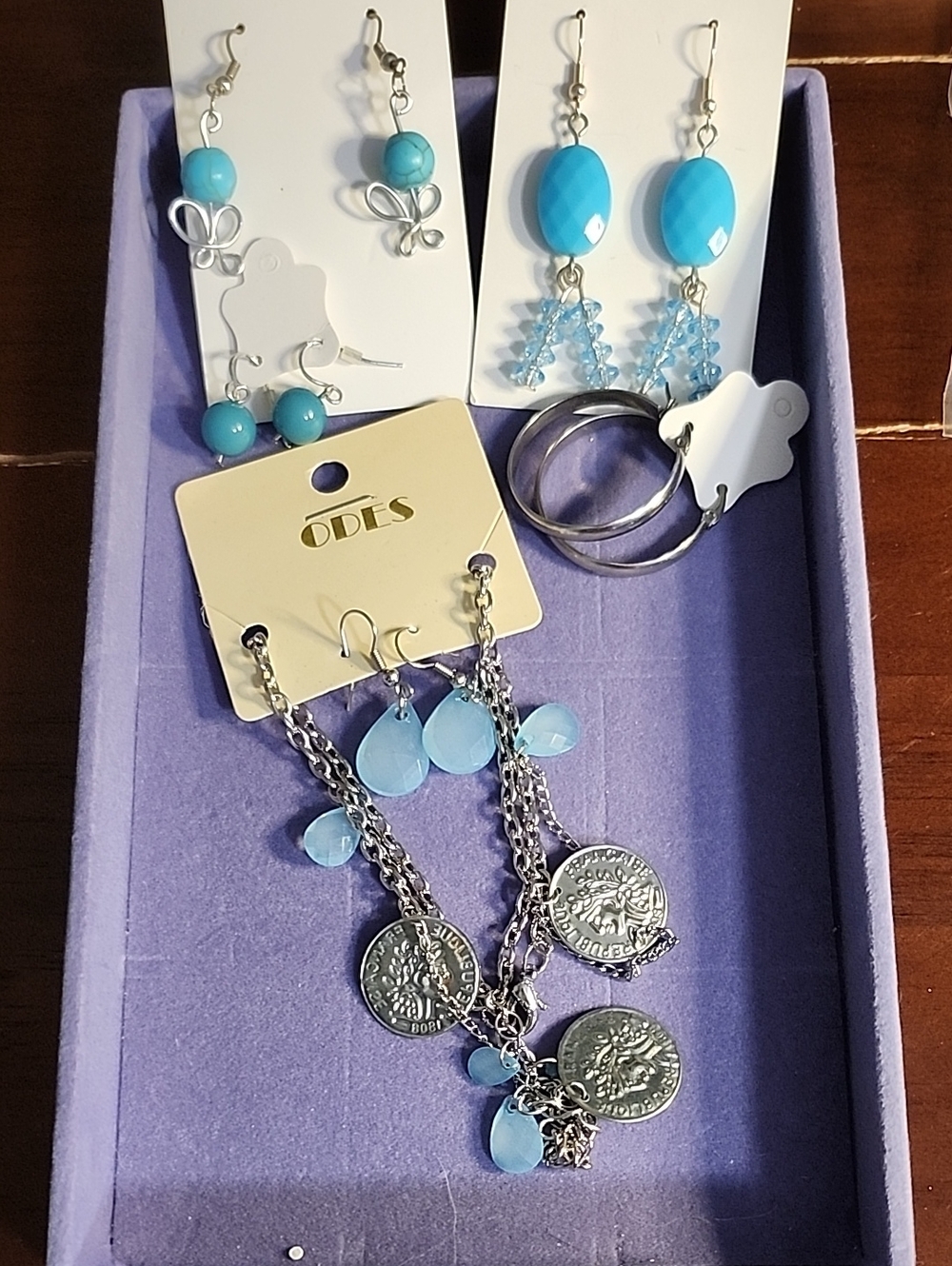 Turquoise Blue Mixed Earrings Set with Coin Charm Necklace